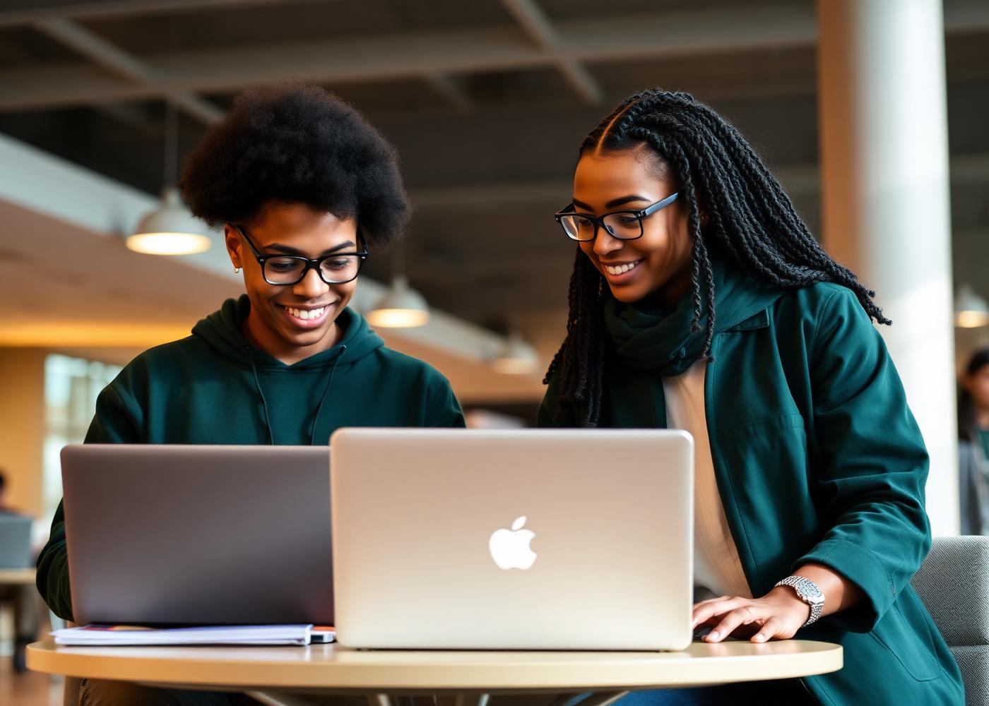 Two Canadian university students collaborating on laptops